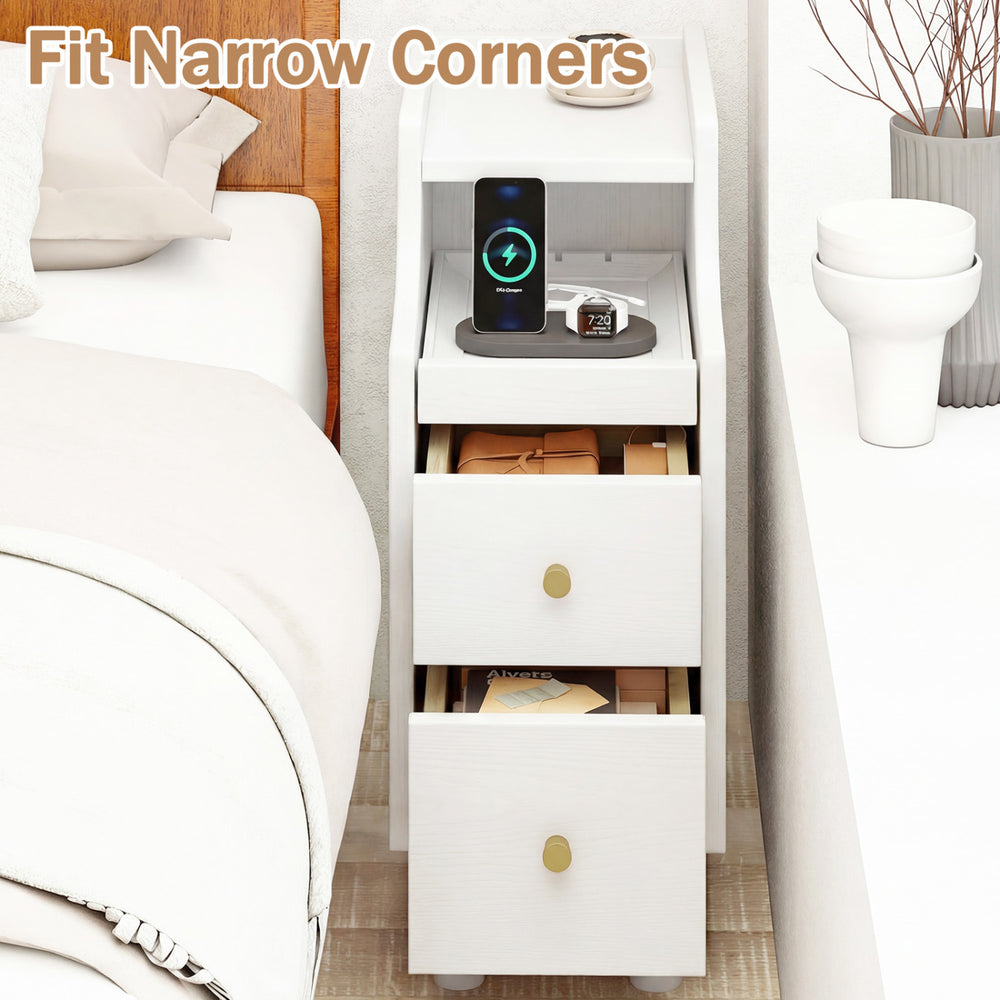 Solid wood narrow bedside table in white with two storage drawers and a pull-out tray, perfect for small spaces.