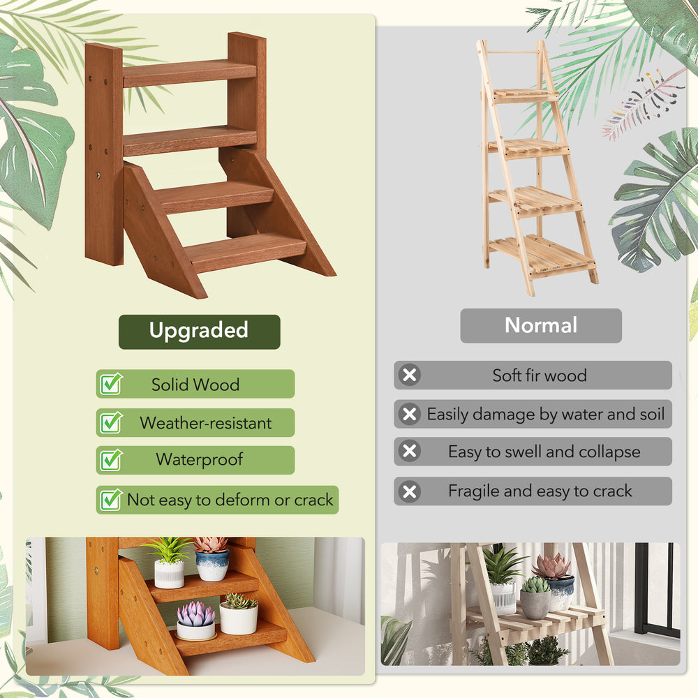 Solid wood plant stand with four tiers, waterproof finish, ideal for displaying flowerpots on tabletops or windowsills.