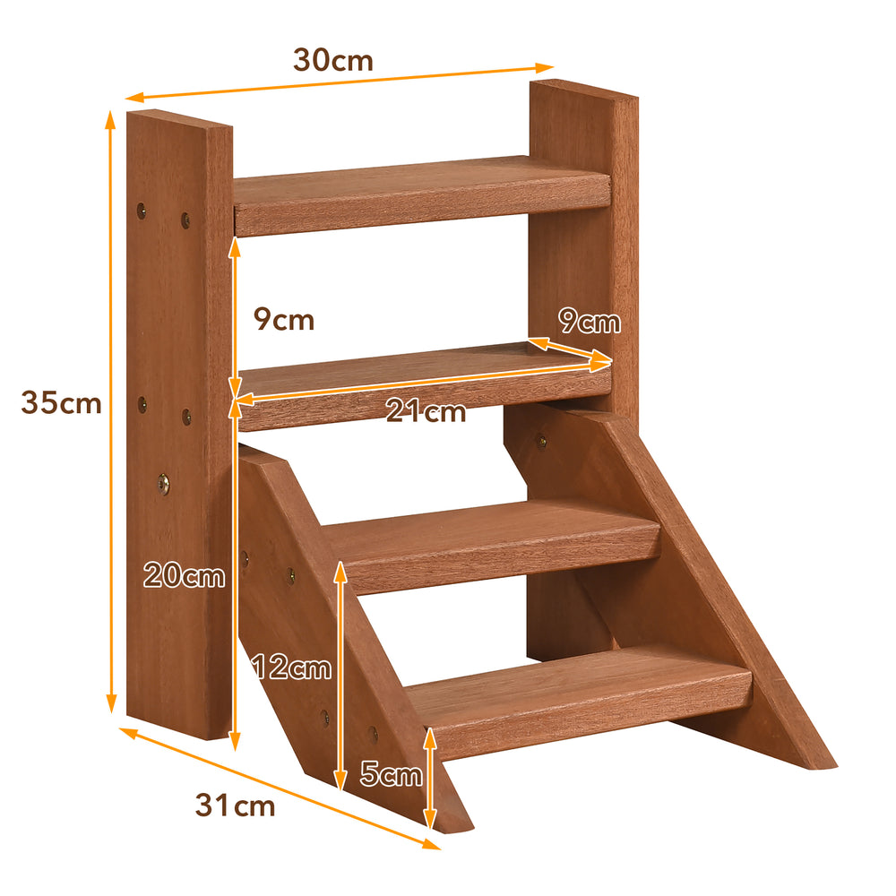 Solid wood plant stand with 4 tiers, waterproof finish, ideal for displaying potted plants on tabletops or windowsills.