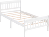 White twin size solid wood platform bed frame with slatted headboard and wood slat support for enhanced mattress stability.