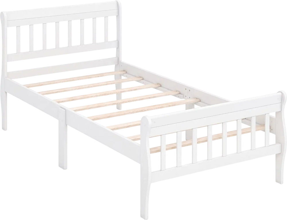 White twin size solid wood platform bed frame with slatted headboard and wood slat support for enhanced mattress stability.