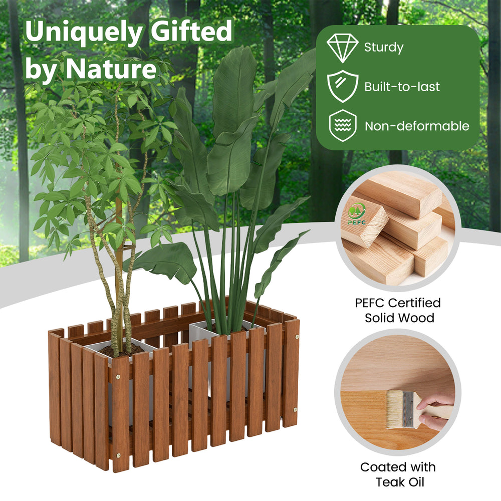 Solid wood raised garden bed with slat design, treated with teak oil, ideal for flowers and vegetables in outdoor.