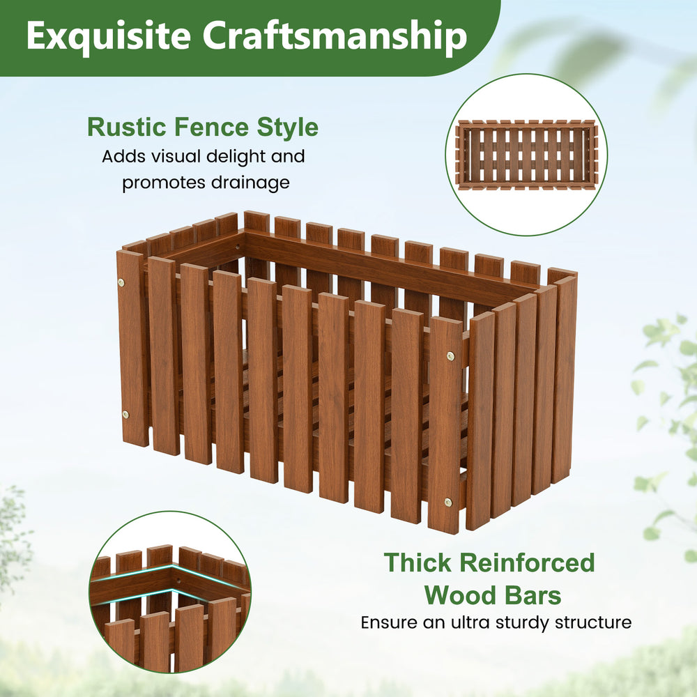 Solid wood raised garden bed with slatted design, waterproof finish, ideal for flowers and vegetables in various.