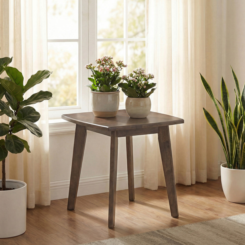 Square solid wood side table in walnut finish with curved edges, perfect for lamps and snacks in any living space.