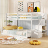 Low-profile solid wood twin over full bunk bed with storage stairs and open compartments for kids' room organization.