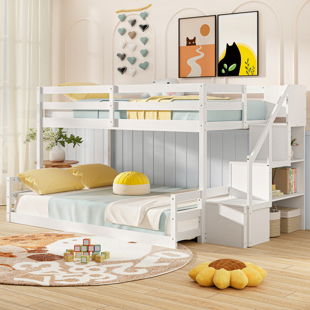 Low-profile solid wood twin over full bunk bed with storage stairs and open compartments for kids' room organization.