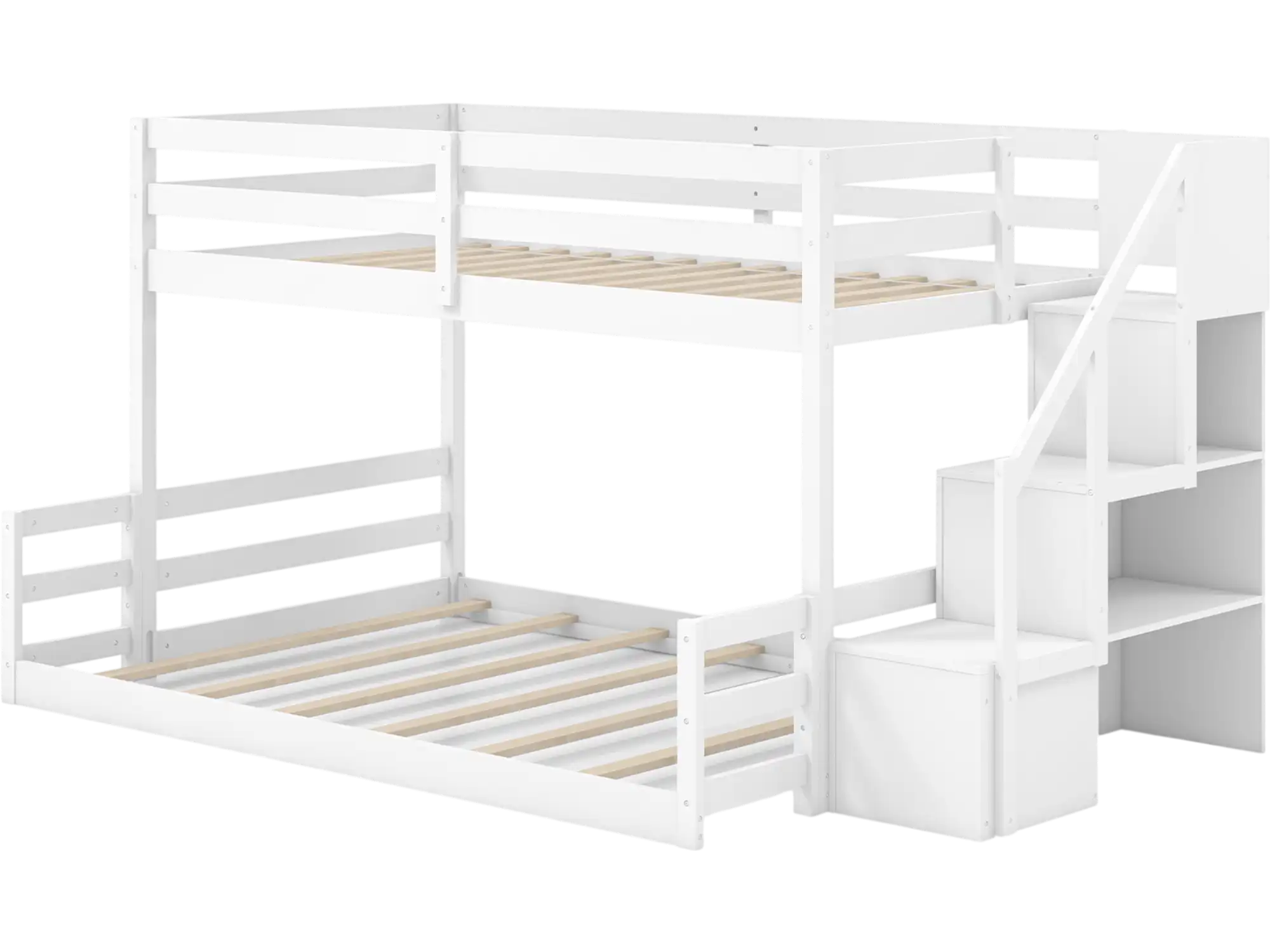 Costway Solid Wood Twin Over Full Low Bunk Bed w/ Storage Stairs 37692851 New