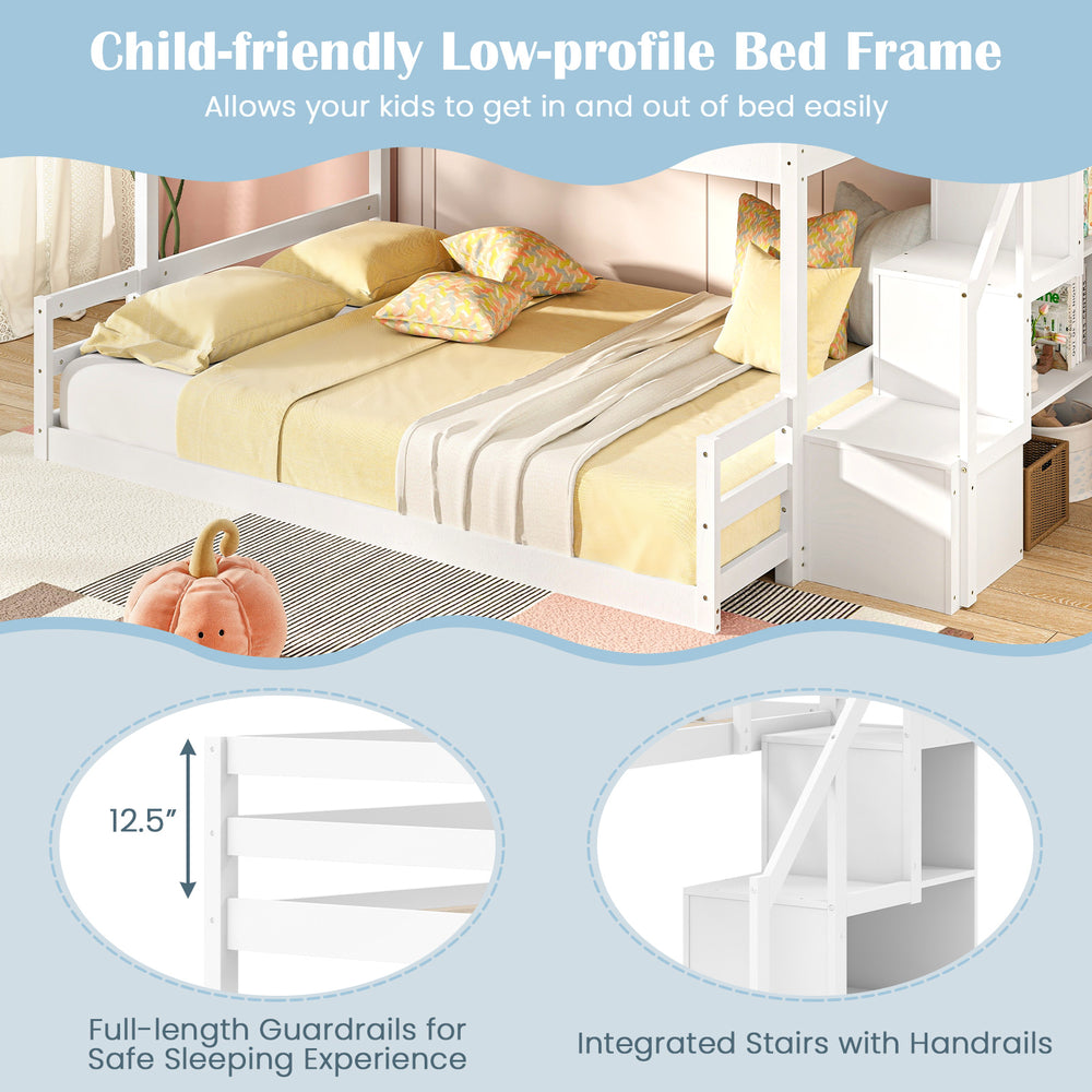 Solid wood twin over full low bunk bed in white with integrated stairs and guardrails, ideal for kids' rooms.