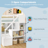 Solid wood twin over full low bunk bed with storage stairs and 3 open compartments for books, plants, and toys.