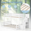 Solid wood twin over full low bunk bed with storage stairs, featuring 14+7 plywood slats for stability and safety.