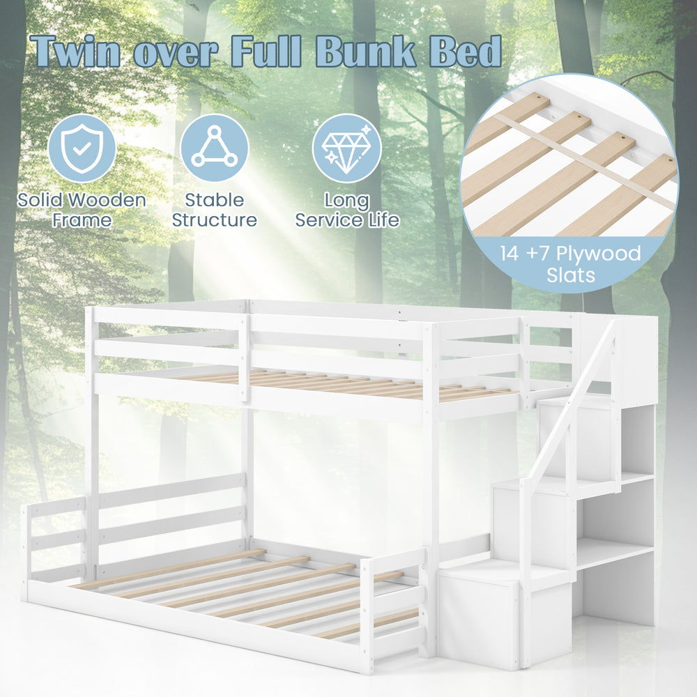 Solid wood twin over full low bunk bed with storage stairs, featuring 14+7 plywood slats for stability and safety.