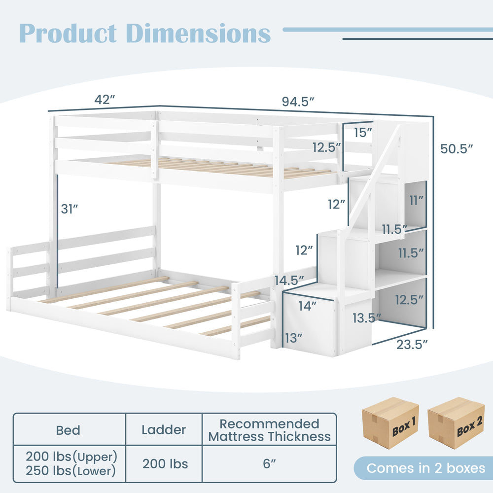 Solid wood twin over full low bunk bed with storage stairs, featuring guardrails and sturdy construction for kids'.