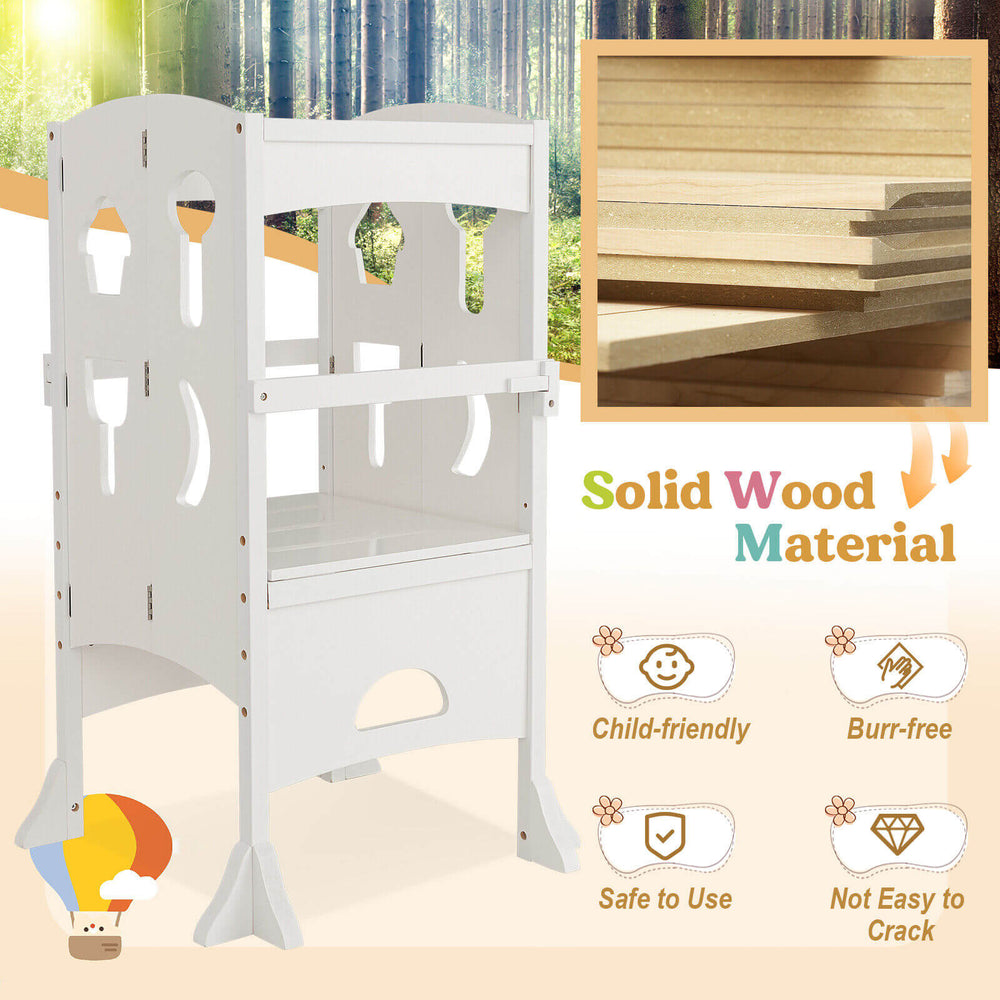 Folding wooden step stool for toddlers with lockable safety rail, adjustable height, and durable, child-friendly design.