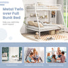 Metal twin over full bunk bed in white with safety guardrails and vertical storage, ideal for multiple-child families.