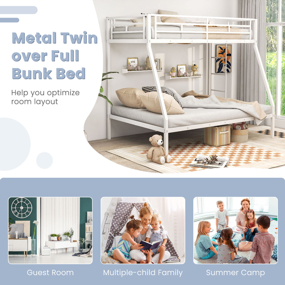 Metal twin over full bunk bed in white with safety guardrails and vertical storage, ideal for multiple-child families.