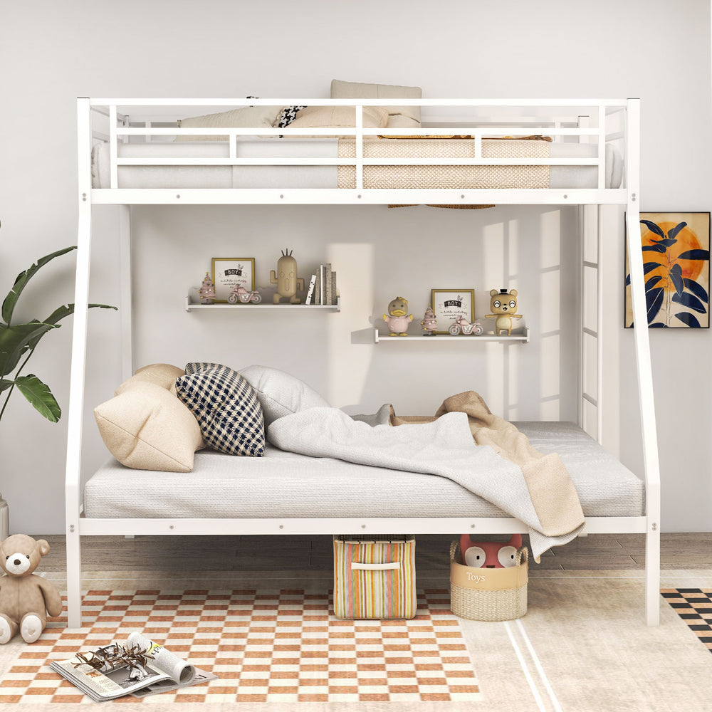 Metal slatted bunk bed frame in white with safety guardrails, ideal for teens and adults, maximizing vertical space.