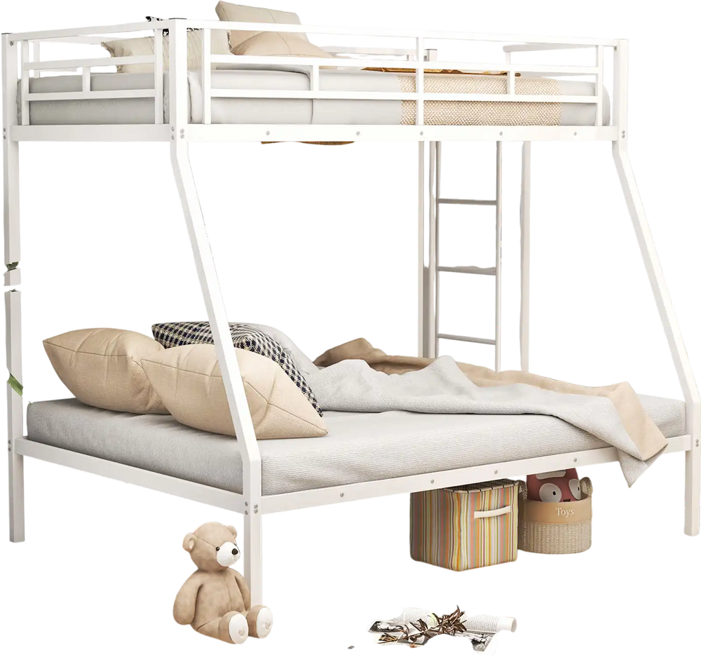 White space-saving metal slatted bed frame with safety guardrails and vertical storage, ideal for teens and adults.
