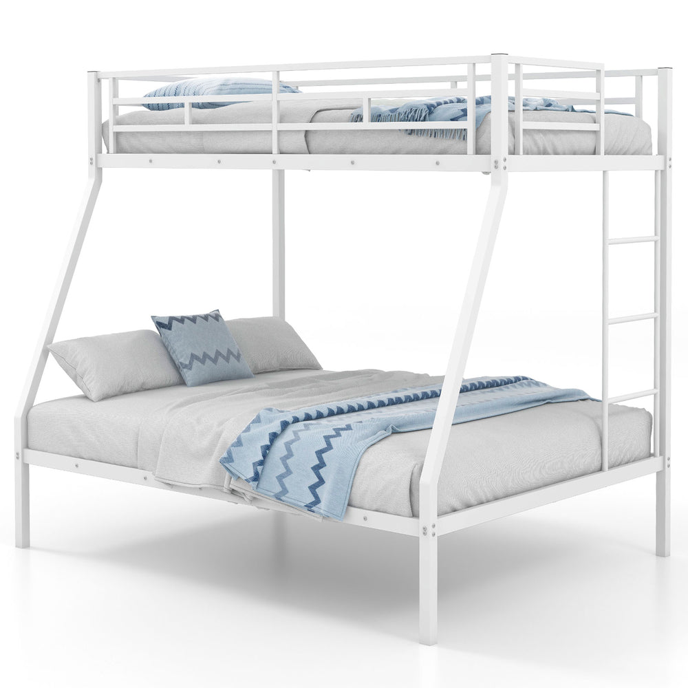 White space-saving metal slatted bunk bed frame with safety guardrails and a 3-step ladder, ideal for teens and adults.