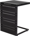 C-shaped black side table with slatted wood-plastic top and sturdy metal frame, perfect for indoor and outdoor use.