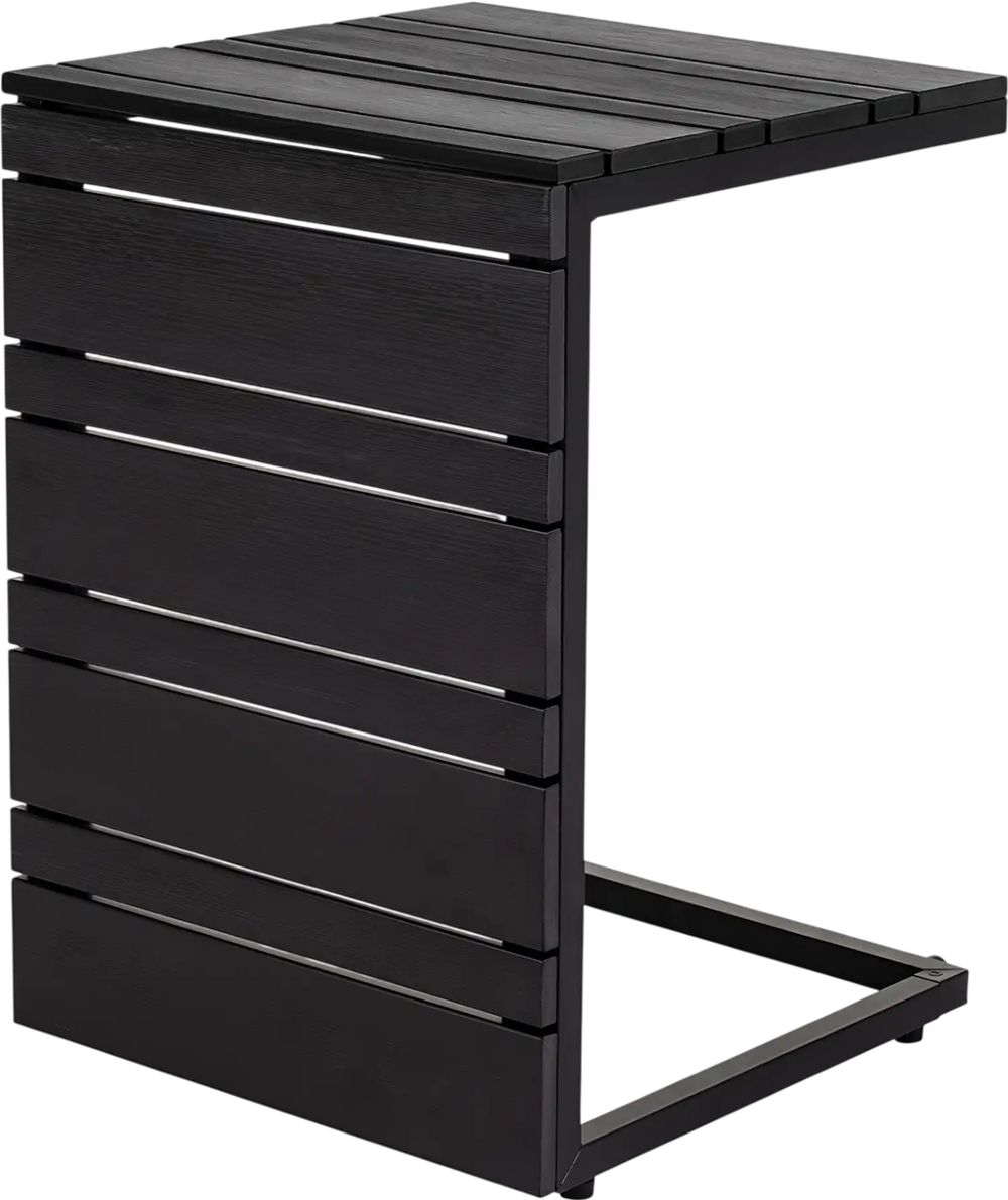 C-shaped black side table with slatted wood-plastic top and sturdy metal frame, perfect for indoor and outdoor use.