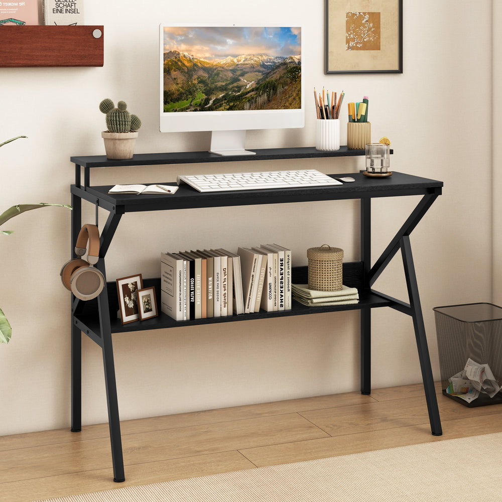 Space Saving Computer Desk with Monitor Stand and Extra Storage Shelf for Work Study-Black - Gallery View 1 of 10