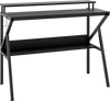 Black space-saving computer desk with monitor stand and extra storage shelf, featuring a sturdy metal frame and.