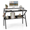 Black space-saving computer desk with monitor stand, extra storage shelf, and convenient hanging hook for work or study.