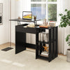 Black space-saving computer desk with lift-top mechanism, hidden compartment, and open storage shelves for compact.