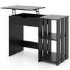 Compact black space-saving computer desk with lift-top mechanism, hidden compartment, and open storage shelves.