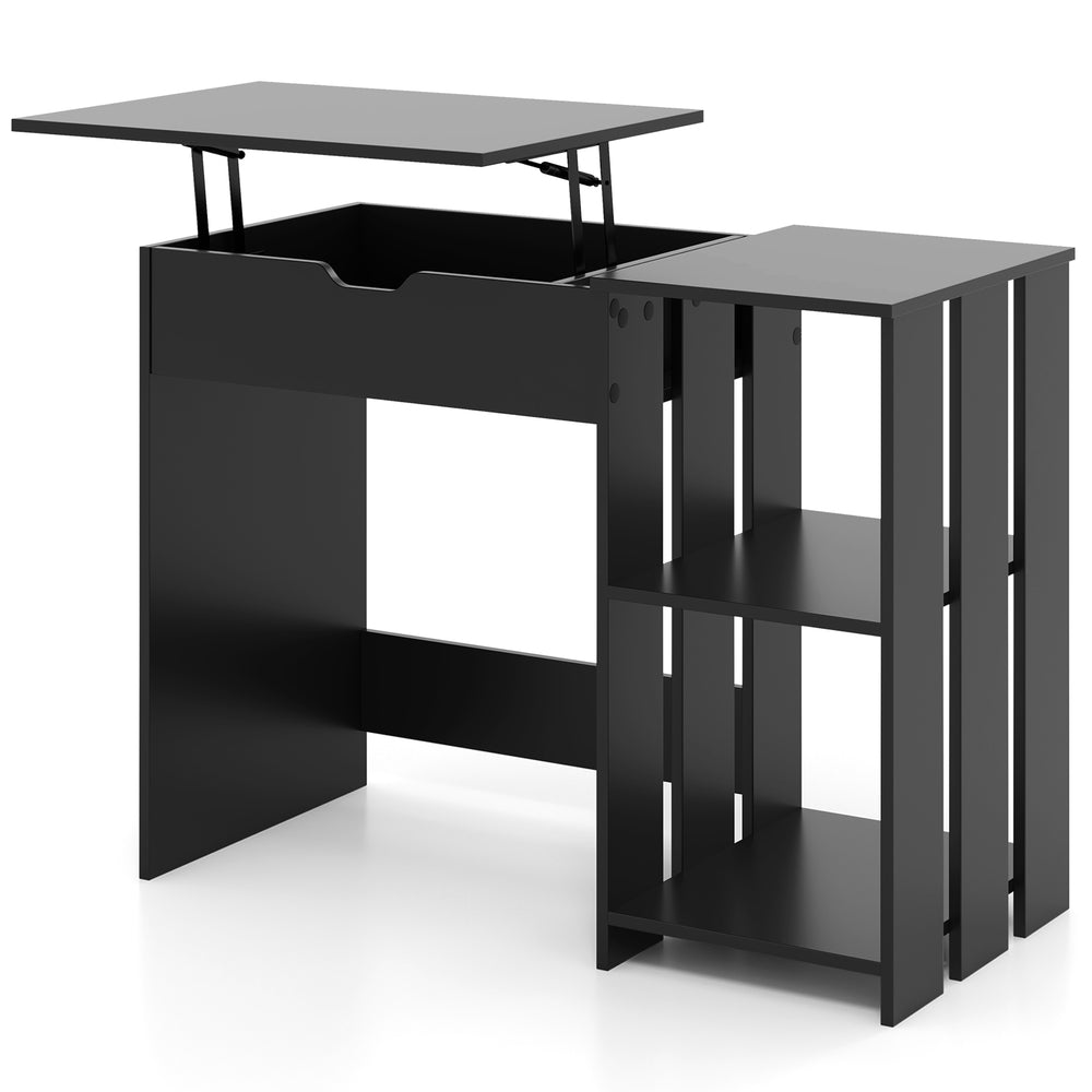 Compact black space-saving computer desk with lift-top mechanism, hidden compartment, and open storage shelves.