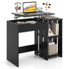 Compact black computer desk with lift-top, hidden compartment, and open storage shelves, ideal for small spaces.