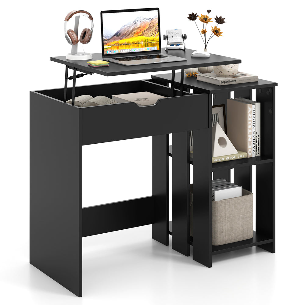 Compact black computer desk with lift-top, hidden compartment, and open storage shelves, ideal for small spaces.