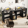 Black space-saving computer desk featuring open storage shelves and a hidden compartment, ideal for small spaces.
