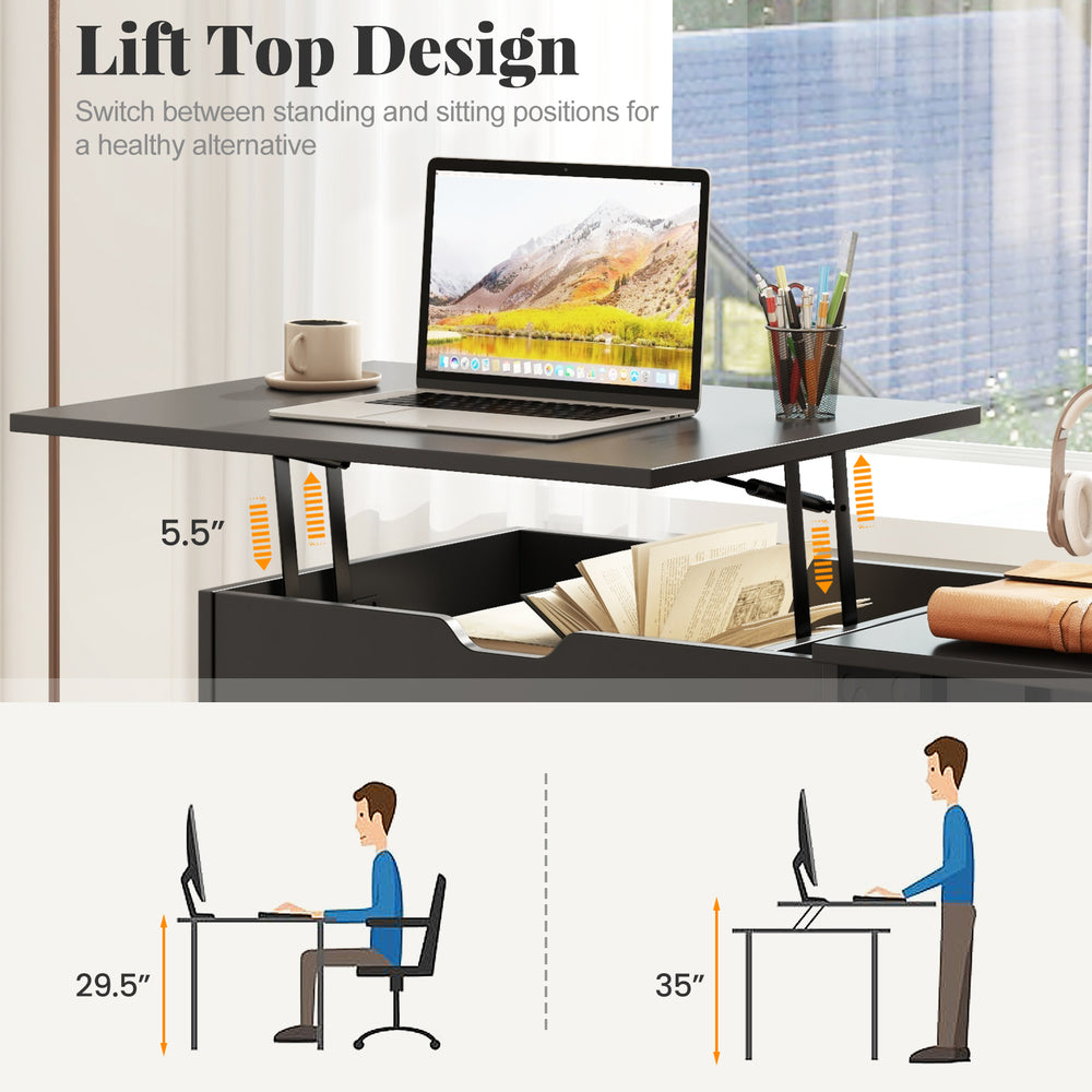 Space-saving black computer desk with lift-top design, featuring hidden compartment and open storage shelves for small.