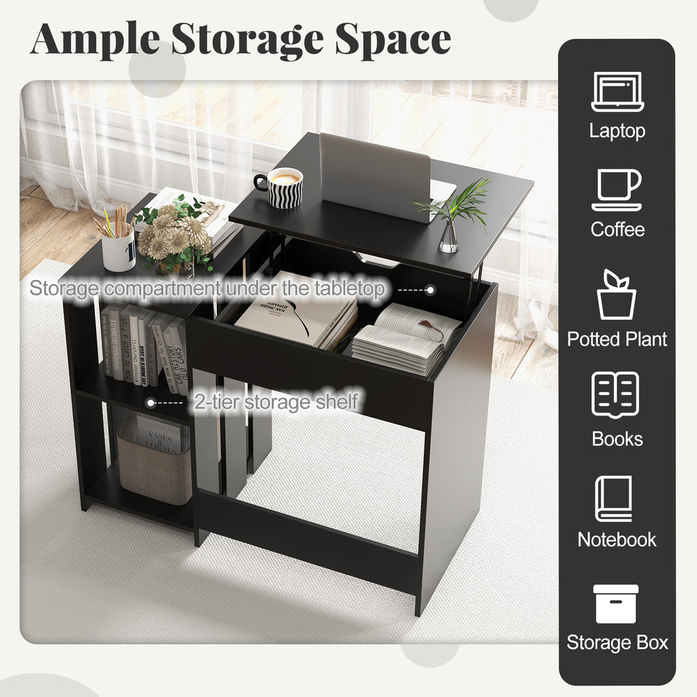 Compact black space-saving computer desk with hidden compartment and open storage shelves for versatile use.