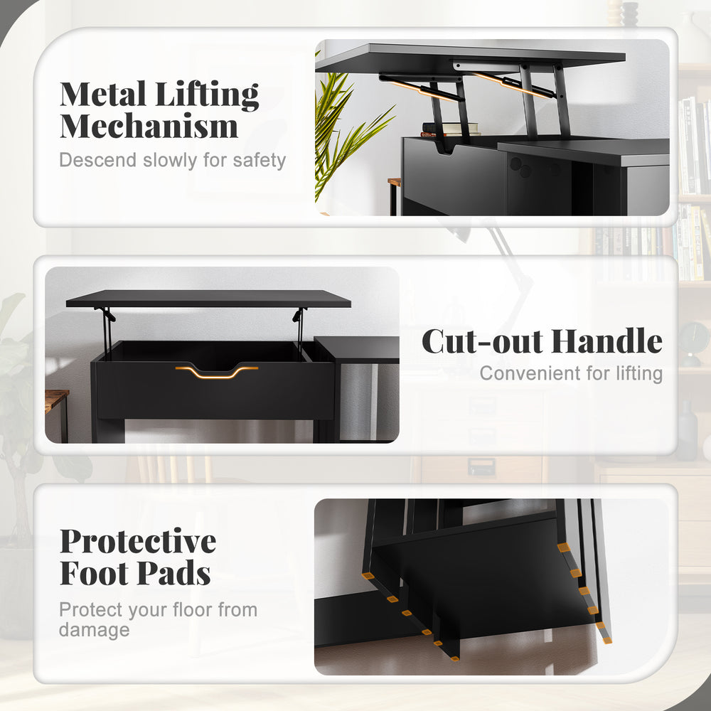 Metal lifting mechanism, cut-out handle for easy lifting, and protective foot pads for the black space-saving computer.