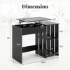 Space saving black computer desk with dimensions, featuring a lift-top mechanism and open storage shelves for compact.