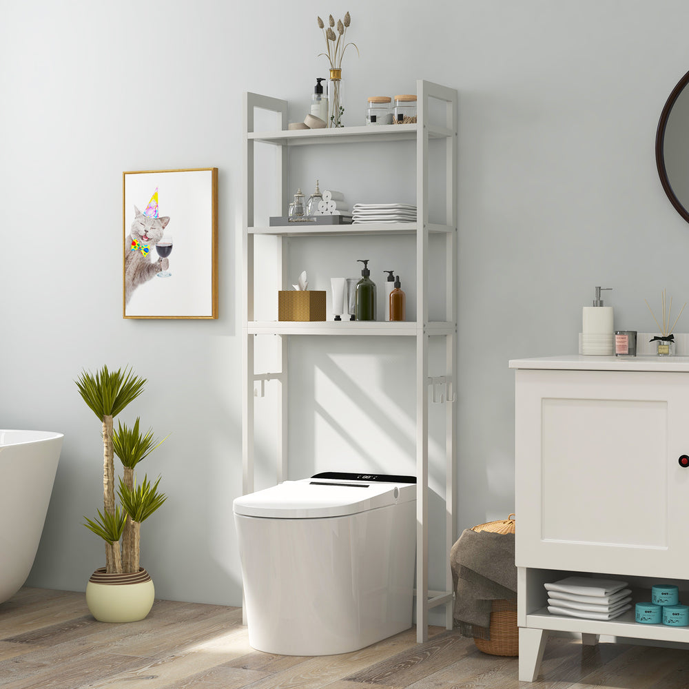 Over-The-Toilet Storage Shelf Space Saving Metal Bathroom Organizer Hooks-White - Gallery View 1 of 9