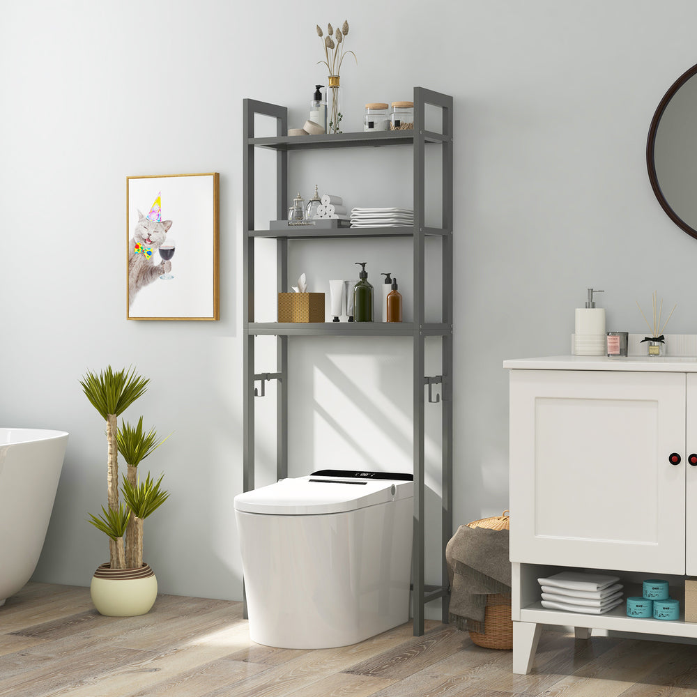Over-The-Toilet Storage Shelf Space Saving Metal Bathroom Organizer Hooks-Gray - Gallery View 1 of 9