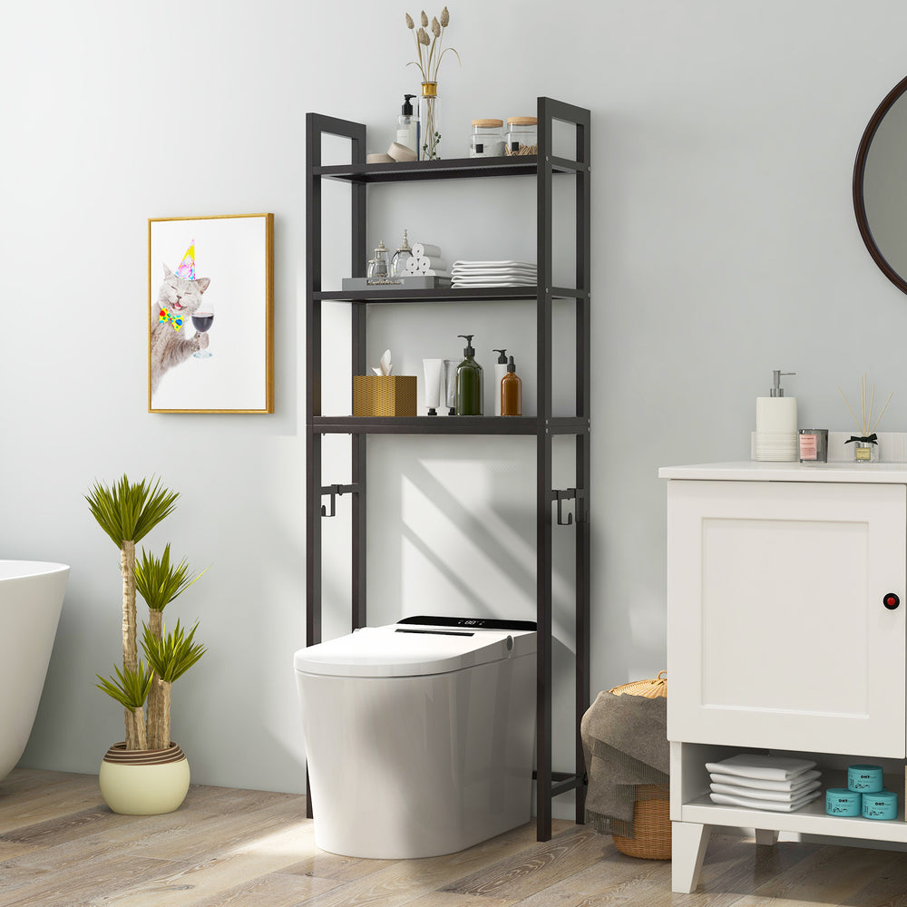 Brown metal over-the-toilet storage shelf with a sleek design, providing ample space for toiletries and towels in the.