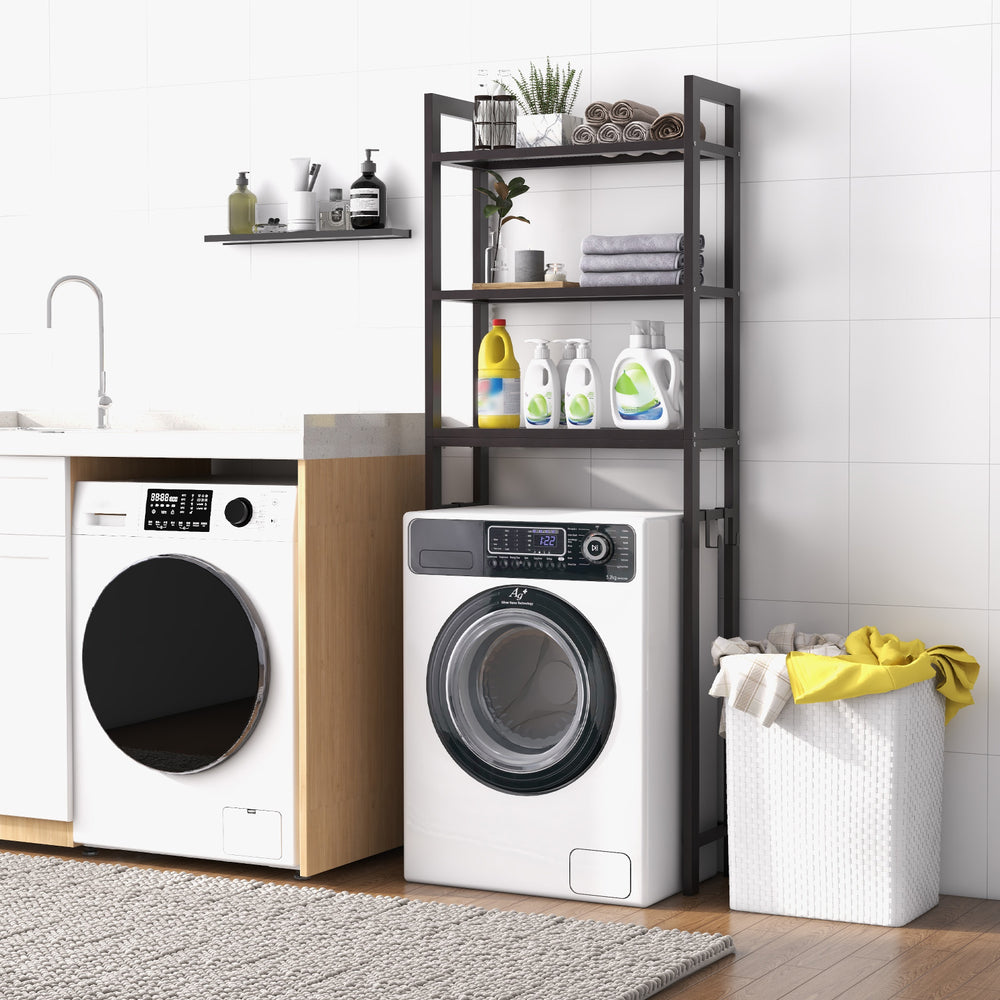 Brown metal over-the-toilet storage shelf with three tiers and hooks, ideal for organizing toiletries and towels.