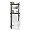 Over-the-toilet storage shelf in brown metal with three shelves and hooks, ideal for organizing bathroom essentials.