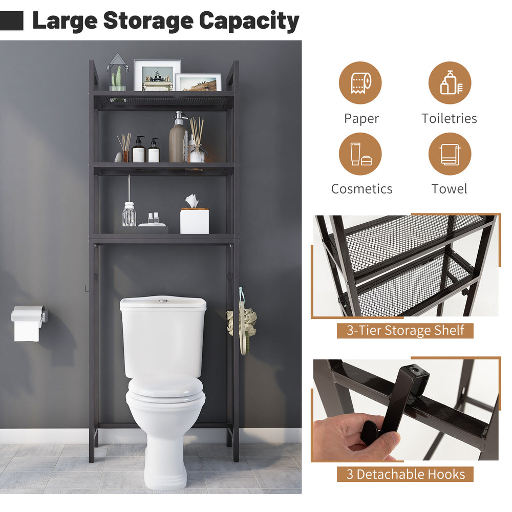 Over-the-toilet storage shelf in brown with 3 tiers and 3 detachable hooks for organizing bathroom essentials.