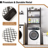 Over-the-toilet storage shelf in brown with three shelves and hooks, made of durable rustproof metal for bathroom.