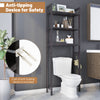 Over-the-toilet storage shelf in brown with three shelves and hooks, featuring anti-tipping device for bathroom safety.