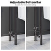 Adjustable bottom bar of the brown over-the-toilet storage shelf for fitting various toilet heights in bathroom.