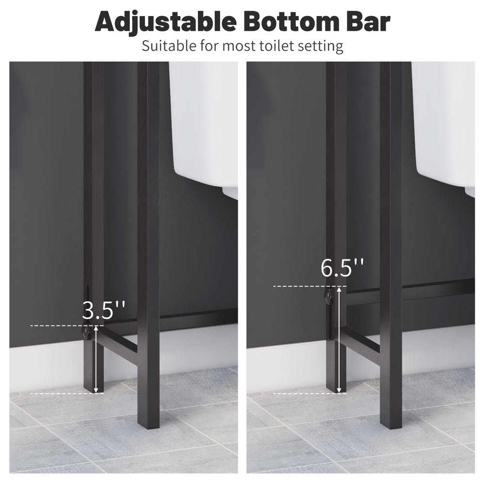 Adjustable bottom bar of the brown over-the-toilet storage shelf for fitting various toilet heights in bathroom.