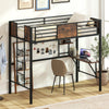 Twin loft bed with safety guardrail, built-in desk, and storage space, perfect for maximizing small areas.