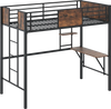 Twin loft bed with safety guardrail, built-in desk, and ladder, featuring a coffee finish for space-saving solutions.