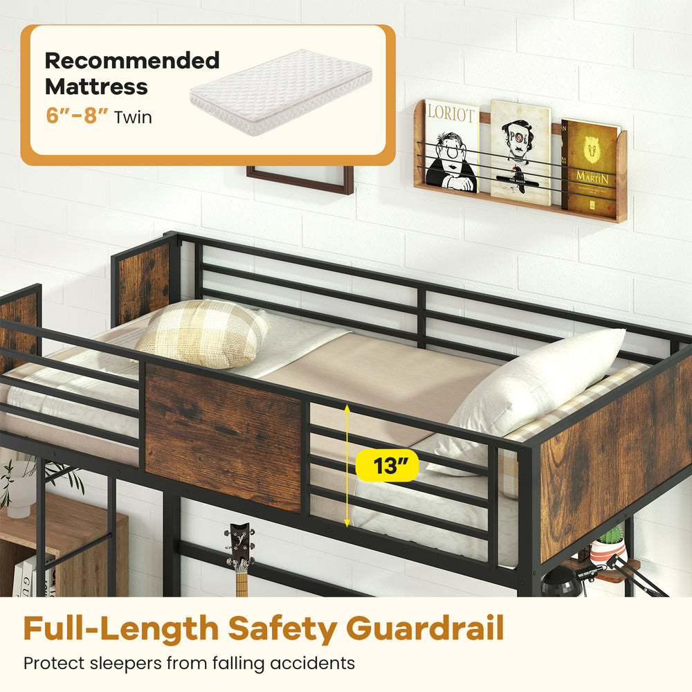 Space-saving twin loft bed with safety guardrail, heavy-duty slatted platform, and built-in desk for versatile use.